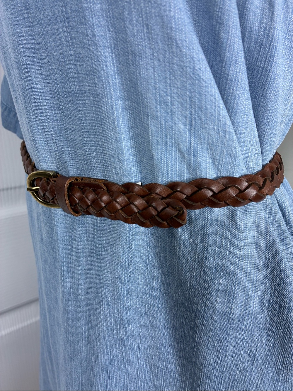 Womens belt Braided Brown Leather with Brass Buckle thin minimalist - Picture 4 of 7